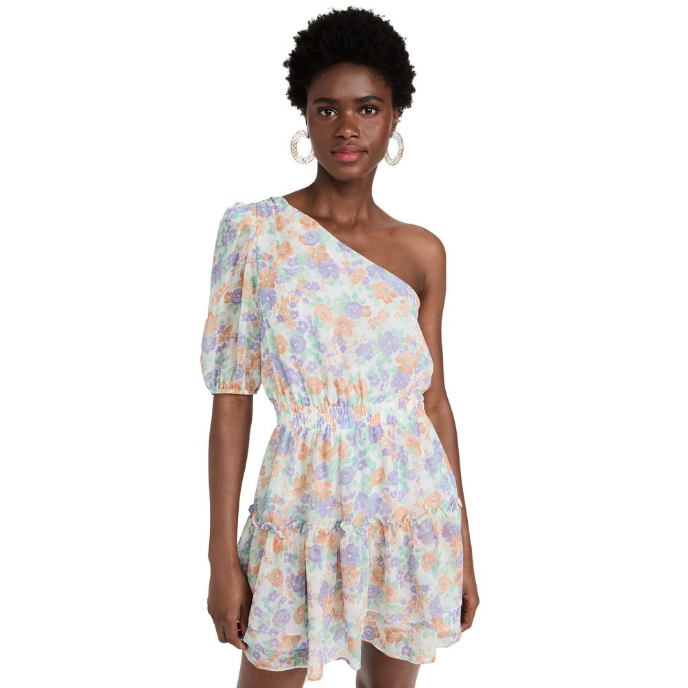 WAYF Women's One Shoulder Smocked Waist Tiered Mini Dress, Ivory Floral, L